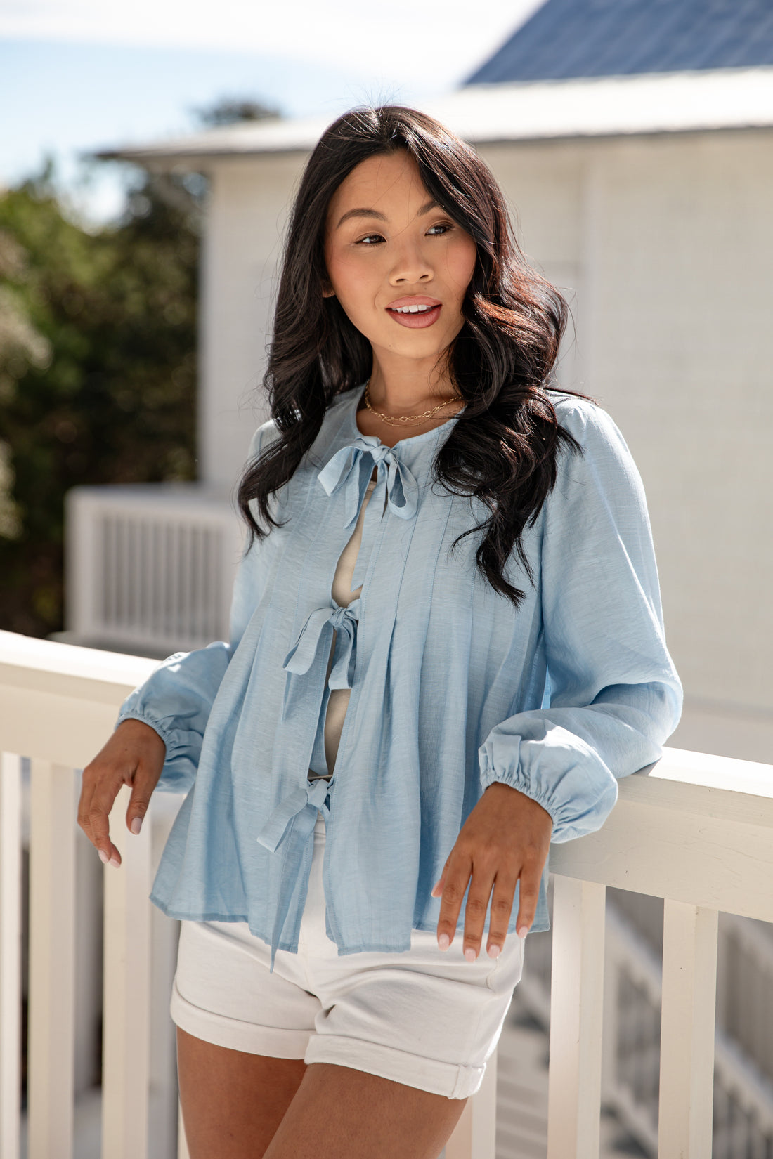 FINAL SALE - Skywashed Blue Tie-Front Blouse