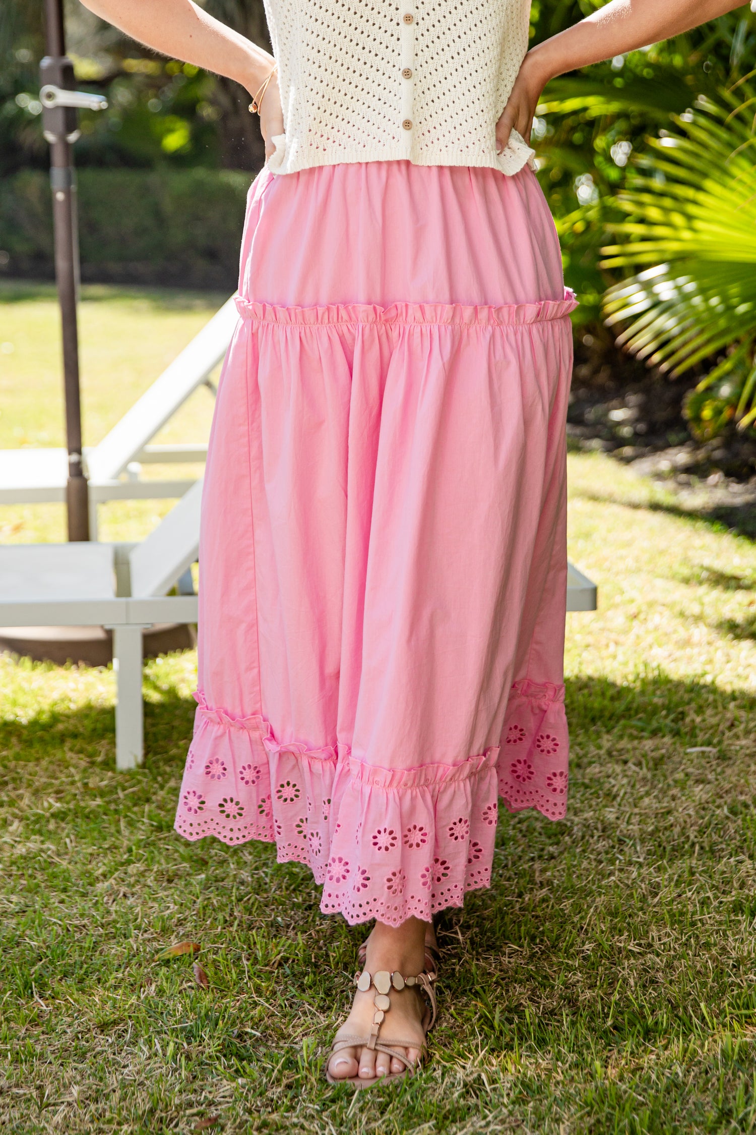 Pink lace-trim maxi skirt close-up
