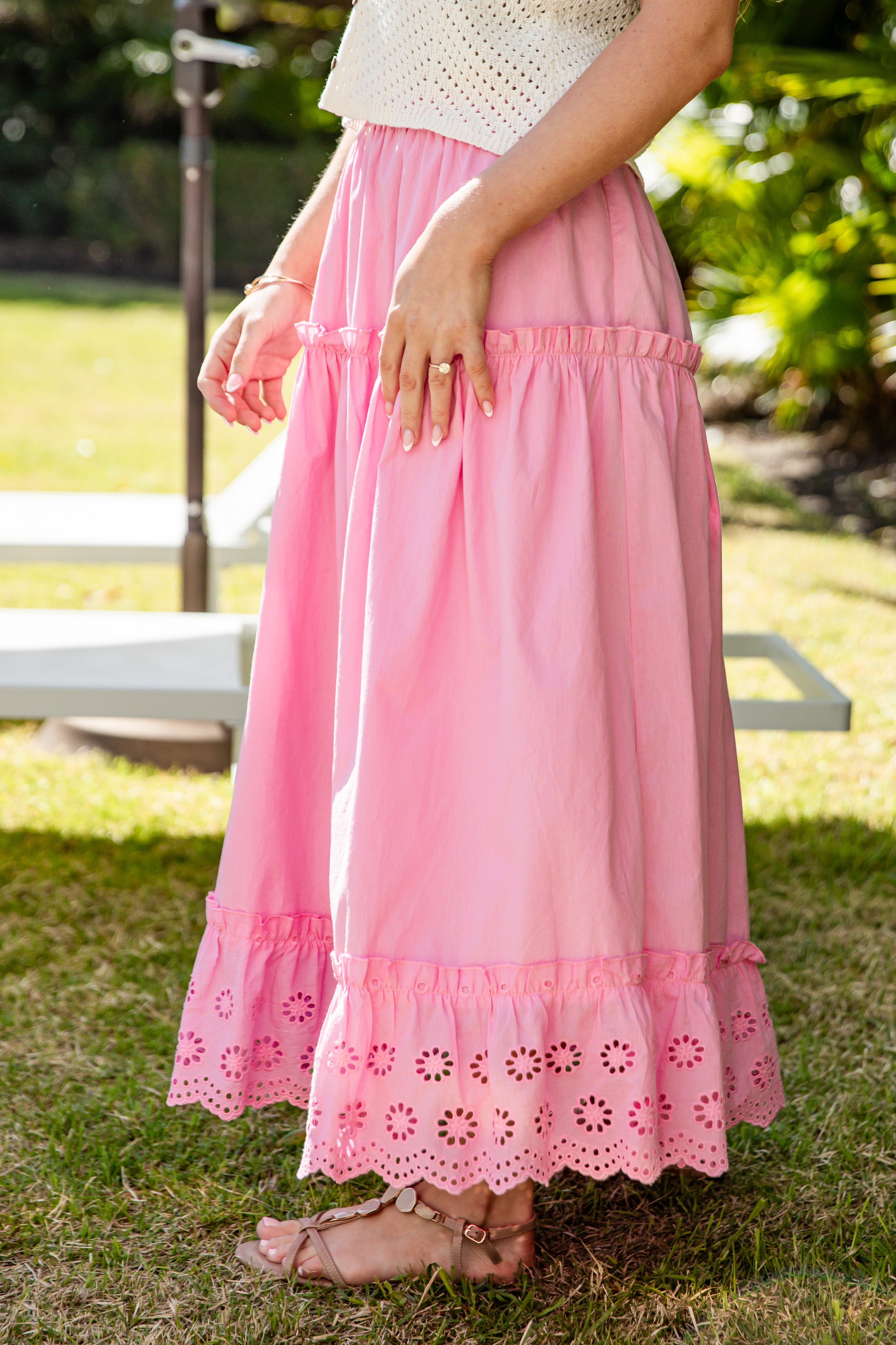 Pink lace-trim maxi skirt detail