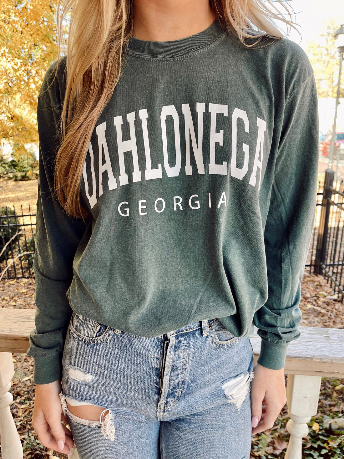 Teal Dahlonega Georgia Long Sleeve Tee on model